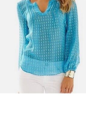 Lilly Pulitzer Women's Tunic Top Colby Silk Clip Metallic Sheer Blouse